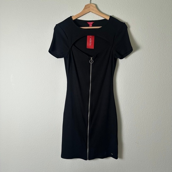 Guess Dresses & Skirts - GUESS Y2K Black Ribbed Cutout Zip Front Mini Bodycon Dress Size M NWT Grunge‎